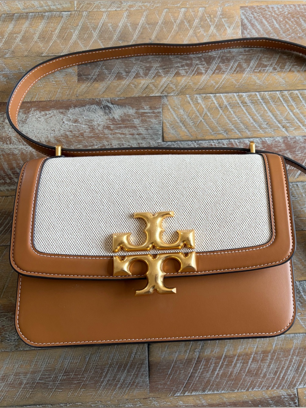 EUC Tory Burch Brown Leather and Cream Canvas Crossbody